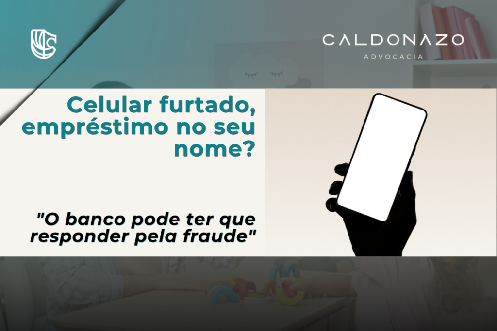 Mão segurando smartphone com tela em branco, ilustrando empréstimo fraudulento contratado após furto de celular